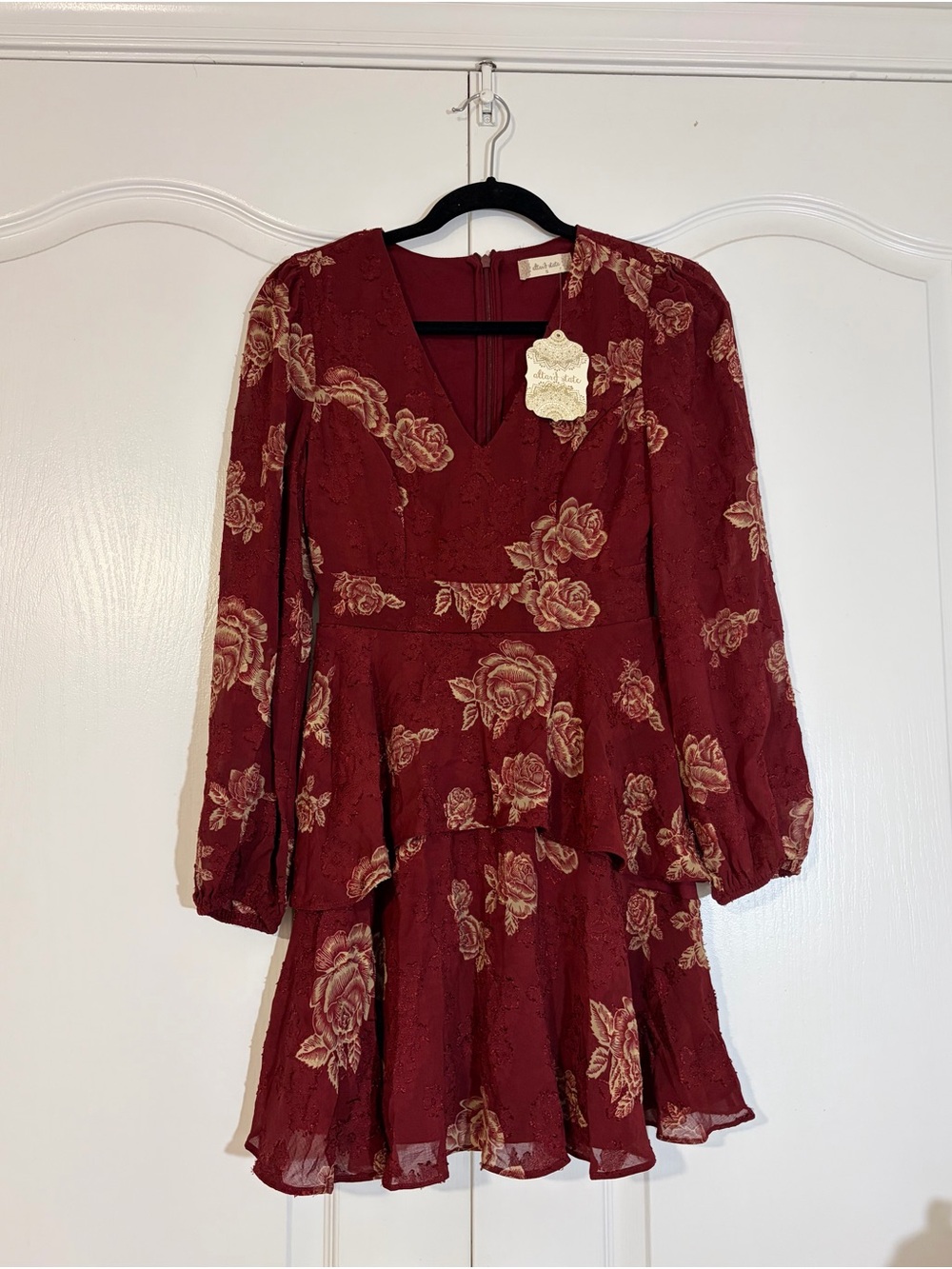 Altr’d State Burgundy Floral V-Neck Long Sleeve Mini Dress - NWT